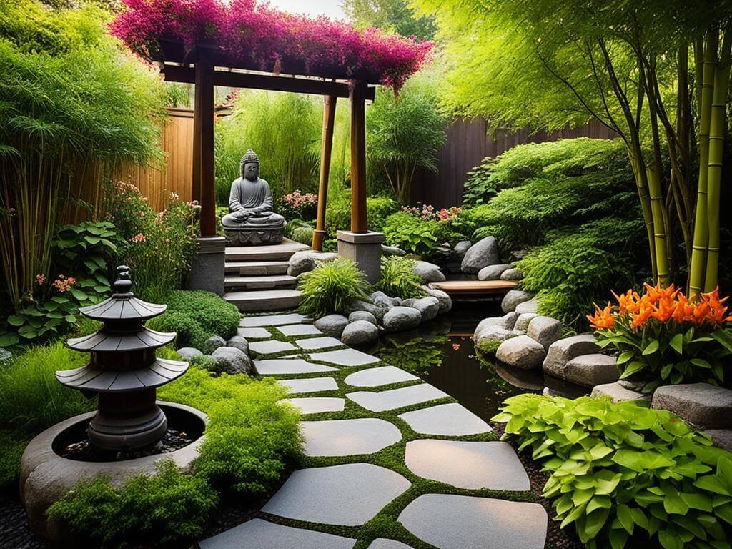 A tranquil Buddha-inspired garden featuring a stone Buddha statue seated under a wooden pergola with vibrant pink flowers. The garden includes a stone pathway leading to the statue, surrounded by lush greenery, bamboo, and blooming orange flowers. A small pond with rocks and a traditional Japanese lantern enhances the serene and meditative atmosphere.