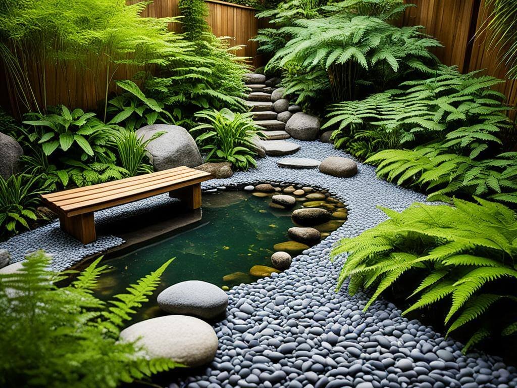 A serene Buddha-inspired garden with a small, peaceful pond surrounded by smooth pebbles and lush green ferns. A wooden bench is placed near the pond, offering a place for quiet reflection. The garden is enclosed by a wooden fence, with stone steps leading through the greenery, creating a tranquil and meditative environment.