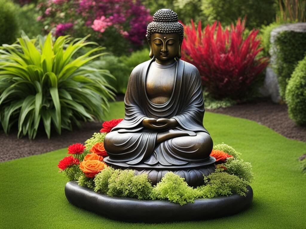 A serene garden scene featuring a bronze Buddha statue seated in meditation. The statue is surrounded by vibrant flowers, including red and orange blossoms, and lush greenery. The garden is meticulously maintained with colorful plants and a green grass lawn, creating a peaceful and contemplative atmosphere.