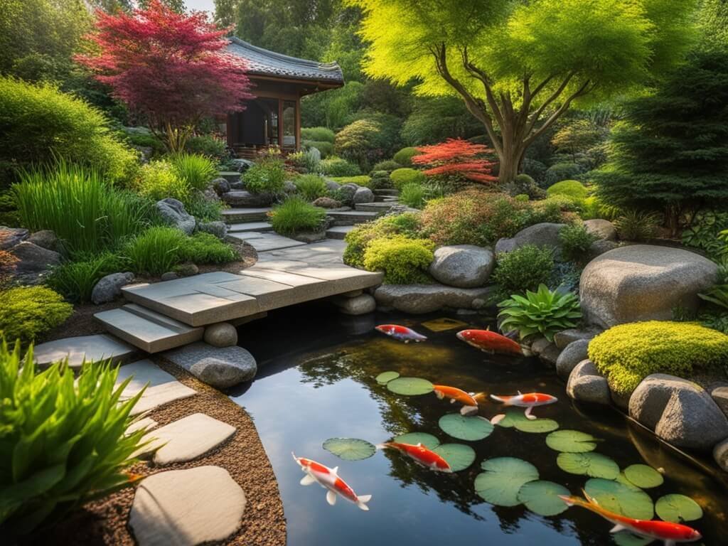 A beautiful Japanese garden featuring a Koi pond with vibrant fish and lily pads. The garden has well-arranged stones and lush greenery, with a stone pathway leading to a traditional wooden pavilion. The foliage includes colorful trees, bushes, and carefully pruned plants, creating a harmonious and tranquil setting.