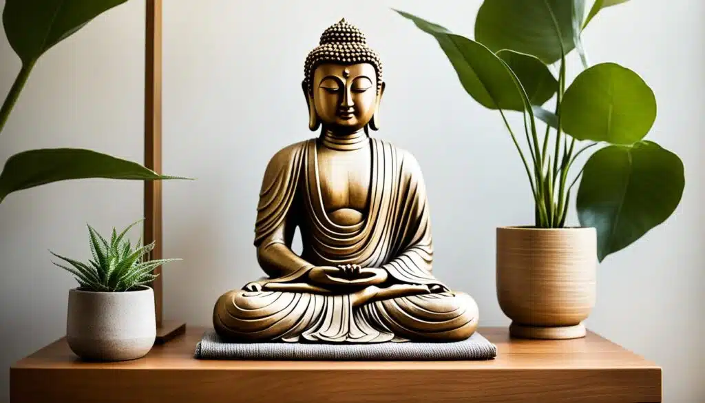 A serene Buddha statue in a meditative pose, placed on a wooden table. The statue is flanked by two minimalist potted plants, one with broad green leaves and the other with a small, succulent plant. The clean lines and natural tones of the setting create a peaceful and balanced atmosphere, perfect for meditation and contemplation. The background is simple, enhancing the focus on the Buddha and the plants.