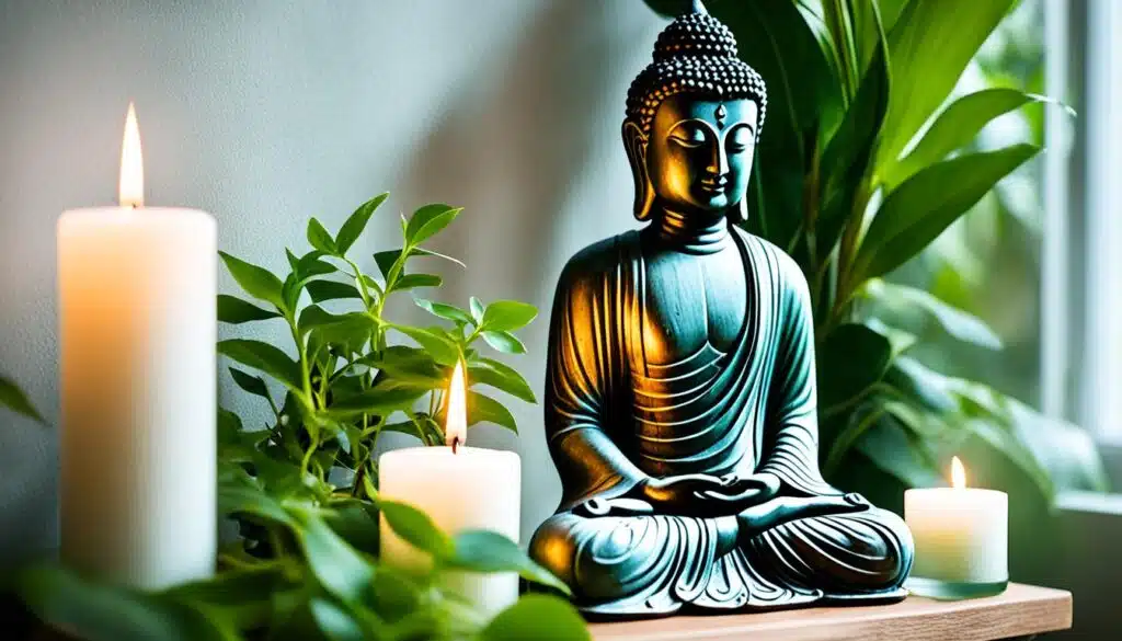 A peaceful arrangement featuring a Buddha statue in a meditative pose, surrounded by lush green plants. The statue is accompanied by several lit candles, creating a warm and serene atmosphere. The soft glow of the candles illuminates the Buddha and the surrounding foliage, enhancing the tranquil setting. The background is simple and neutral, allowing the focus to remain on the Buddha and the calming ambiance created by the plants and candles.