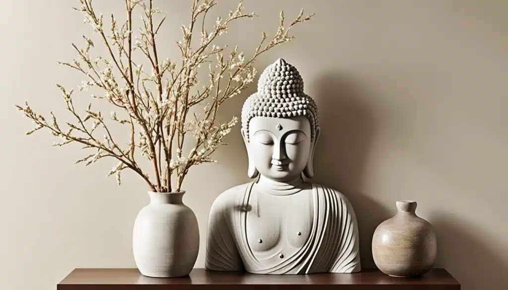 A serene, minimalist arrangement featuring a white Buddha bust placed on a wooden table. The Buddha statue is flanked by two simple, elegant vases – one larger vase containing delicate branches with white flowers, and a smaller, rounded vase with a smooth, matte finish. The neutral background and clean lines create a peaceful and harmonious ambiance, emphasizing simplicity and tranquility.