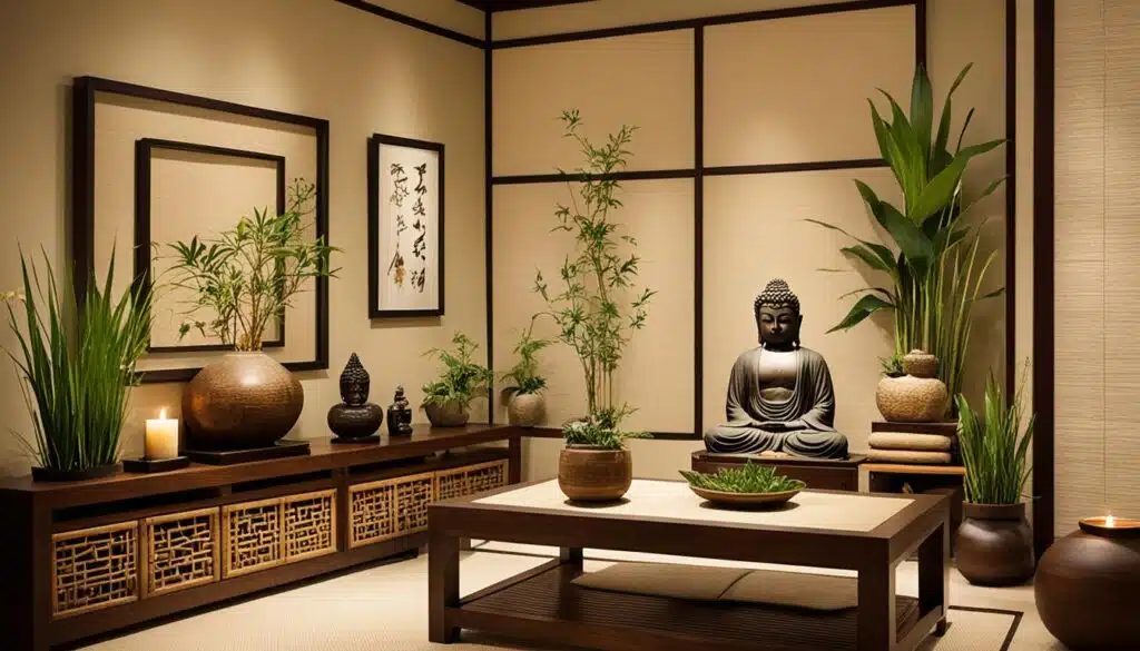 A tranquil Japanese-style room with a central Buddha statue, surrounded by lush green plants in elegant pots. The room features a low wooden table with a small plant centerpiece, traditional Japanese wall art, and bamboo accents. A warm, ambient light fills the space, highlighting the intricate details of the decor. The overall atmosphere exudes peace and mindfulness, perfect for meditation and relaxation.