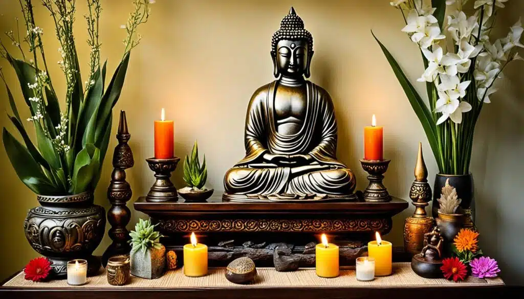 A beautifully arranged spiritual altar featuring a serene Buddha statue as the central piece. The altar is adorned with various items enhancing well-being, such as lit candles of different sizes and colors, small potted plants, and intricately designed incense holders. The setting is complemented by vibrant flowers and lush green plants, creating a peaceful and harmonious atmosphere. The background is softly lit, highlighting the spiritual elements and casting a warm glow around the scene.