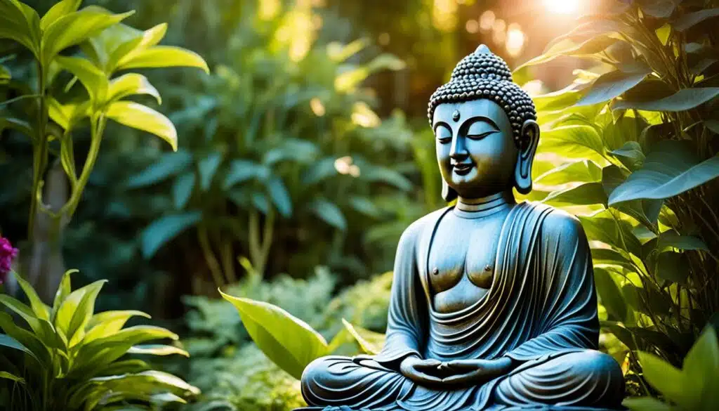 A serene Buddha statue is seated in a lush garden, surrounded by vibrant green foliage. Sunlight filters through the leaves, casting a warm glow on the statue, highlighting its tranquil expression. The peaceful scene exudes calmness and spiritual tranquility.