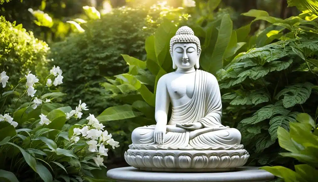 A serene white Buddha statue is seated in a lush garden, surrounded by vibrant green foliage and white flowers. Sunlight filters through the leaves, casting a warm glow on the statue, highlighting its peaceful and tranquil expression. The scene exudes a sense of calmness and spiritual serenity.