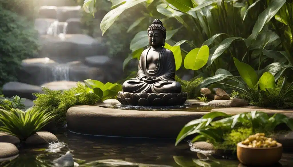 A serene black Buddha statue is seated on a stone pedestal in a tranquil garden, surrounded by lush green foliage. The scene features a small pond with water lilies and a gentle waterfall in the background. Sunlight filters through the leaves, casting a warm glow and enhancing the peaceful and meditative atmosphere.