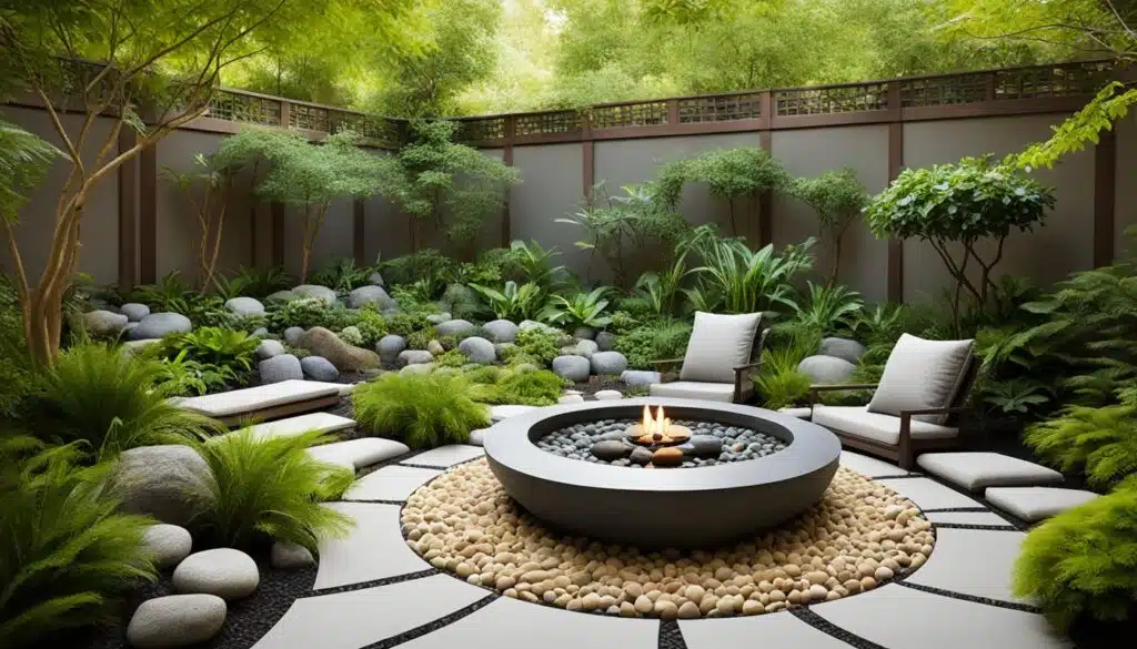 A peaceful Zen garden features a circular stone path surrounding a modern fire pit with a pebble-filled basin. Comfortable seating areas with cushioned chairs are placed around the fire pit. The garden is lush with green foliage, ferns, and small trees, creating a serene and inviting atmosphere. Smooth rocks and carefully arranged plants add to the balanced and calming design. The entire scene is enclosed by a wooden fence with lattice detailing at the top.