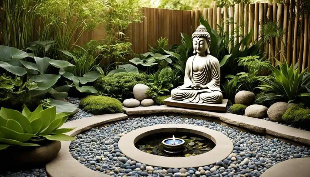 A serene white Buddha statue is seated in a meticulously arranged Zen garden. The garden features a circular stone path surrounding a small pebble-filled basin with a single floating candle. Lush green plants and smooth rocks provide a calming and balanced backdrop. The entire scene is enclosed by a bamboo fence, enhancing the tranquil and meditative atmosphere.