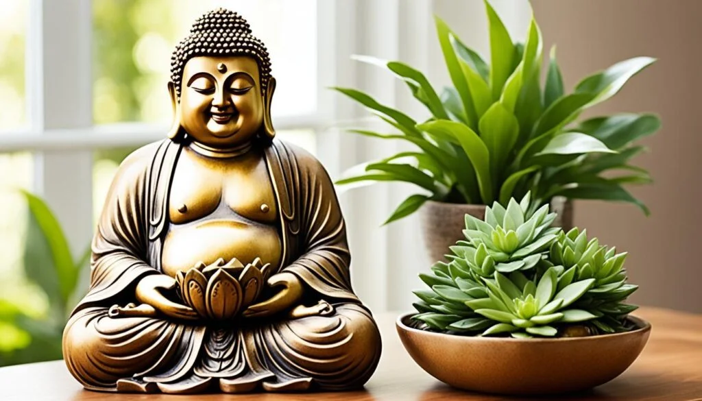 A close-up image displaying a Happy Buddha statue with a warm smile, holding a lotus flower, symbolizing peace and purity. The Buddha is crafted in rich bronze tones with intricate detailing, enhancing the sense of serenity. To the right, a potted vibrant green succulent adds a touch of natural beauty, contrasting with the smooth finish of the Buddha statue. Both are bathed in soft natural light by a nearby window, suggesting a calm and inviting atmosphere.