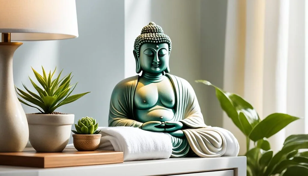 A calming tableau with a jade-green Buddha statue seated in meditation, holding a small, rounded object, evoking a sense of tranquility. The statue is adorned with soft white and sage green colors, creating a soothing contrast. Accompanied by a selection of green potted succulents and set against soft curtain folds, the scene is completed with the warm glow of a table lamp, enhancing the peaceful ambiance of this mindful space.