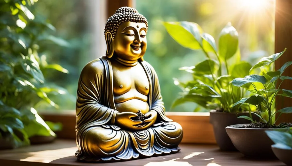 An image of a golden Happy Buddha statue sitting with a contented smile, depicted with flowing robes and a serene expression. The Buddha is positioned next to a sunlit window, where the sunlight illuminates the statue's contours and creates a halo effect. Beside the statue, a lush green plant with broad leaves thrives in a simple dark bowl, adding a refreshing touch of nature to the tranquil scene.