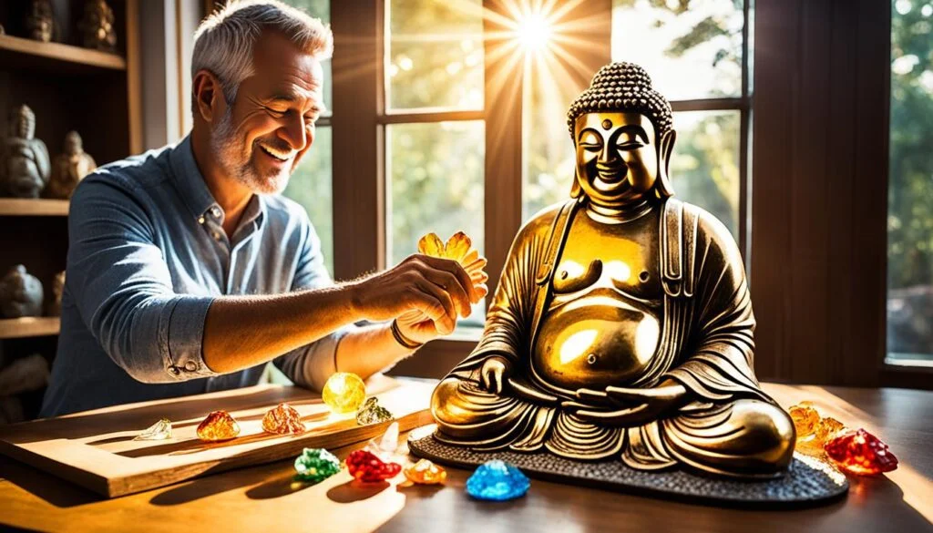A joyful older man with gray hair and a beard, wearing a denim shirt, is engaging with a large Happy Buddha statue in a sunlit room. He appears to be playfully offering a golden lotus flower to the Buddha, smiling widely with genuine happiness. The Buddha statue, golden and gleaming, is adorned with intricate details and a peaceful expression. Colorful gemstones are scattered on the table in front of them, sparkling in the natural light that streams through the window, adding to the vibrant yet serene atmosphere of the setting.