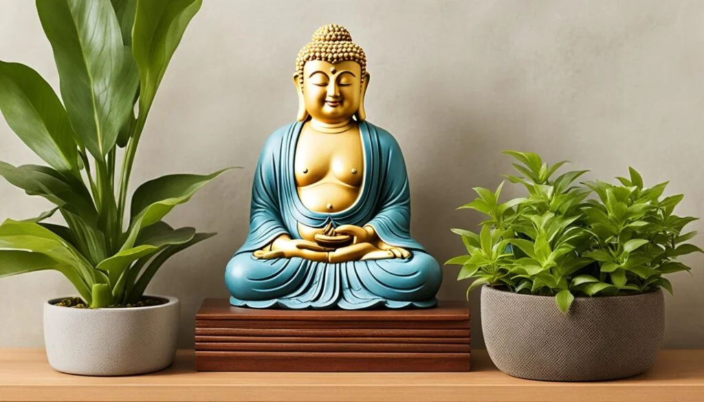 A serene blue and gold Happy Buddha statue is centered on a wooden stand, flanked by two healthy houseplants in modern pots. The Buddha, depicted with closed eyes in a meditative pose, radiates tranquility. The greenery of the plants adds a vibrant yet calming energy to the scene, creating a balanced and peaceful display against the neutral-toned wall in the background.