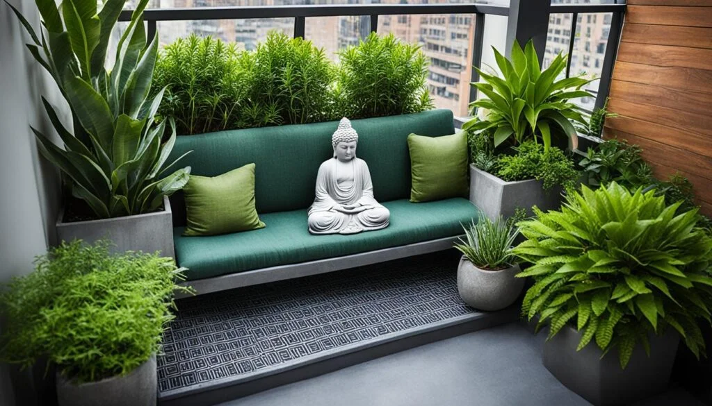 A cozy and tranquil urban balcony garden. The space is furnished with a modern, deep green sofa adorned with a light green cushion. A serene Buddha statue sits at the center, adding an element of mindfulness to the setting. The area is lush with a variety of potted plants, including tall, leafy greens and dense shrubs, creating a green oasis against the backdrop of a high-rise cityscape. The flooring is patterned, and the balcony is lined with warm wooden paneling, contrasting with the cool tones of the greenery and soft furnishings.