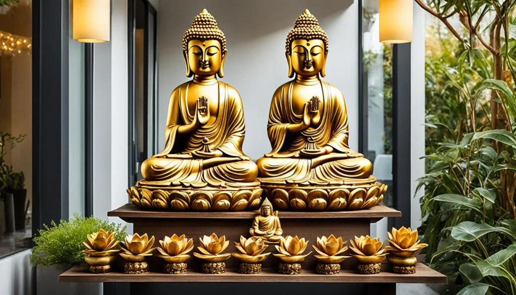 An indoor spiritual display featuring two large golden Buddha statues in meditative poses, placed on a dark wooden shelf. Each Buddha statue is adorned with intricate detailing and sits atop a lotus base, symbolizing purity and enlightenment. Surrounding the statues is an arrangement of smaller golden lotus flower candles that add to the serene ambiance. A lush green plant to the left and taller green foliage in the background introduce a natural element to the scene, which is softly illuminated by warm hanging lights, creating a peaceful and contemplative atmosphere within the modern interior space.