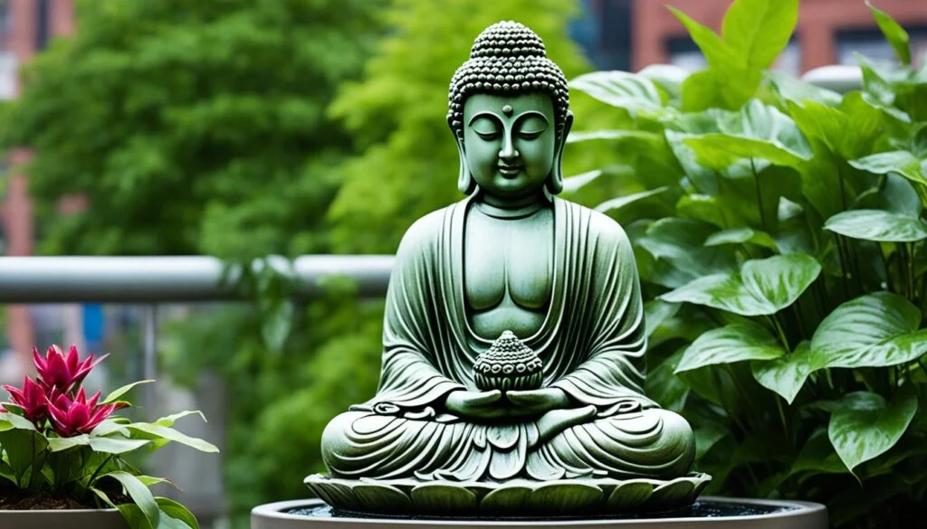 A verdant outdoor setting featuring a serene jade-colored Buddha statue in a meditative pose, centered on a table amidst vibrant green foliage. To the left of the statue is a bright pinkish-red flower, adding a pop of color to the scene. The statue, with its intricate details and peaceful expression, exudes tranquility. In the background, the soft blur of urban green trees and a metal railing suggest this peaceful nook is a balcony or terrace within a cityscape, serving as a personal sanctuary amid the hustle and bustle.