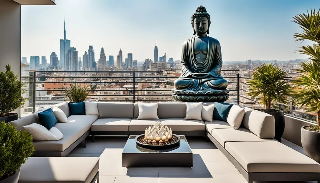 A luxurious rooftop terrace boasts a contemporary outdoor lounge area with a sectional white sofa accented with navy blue pillows. At the center is a modern coffee table with a decorative fire pit. The space is framed by potted palm trees, enhancing the opulent vibe. Dominating the background, a large, serene blue Buddha statue presides over the setting, overlooking a panoramic city skyline with skyscrapers piercing the clear sky. The juxtaposition of the Buddha's tranquility and the city's energy creates a harmonious retreat above the urban sprawl.