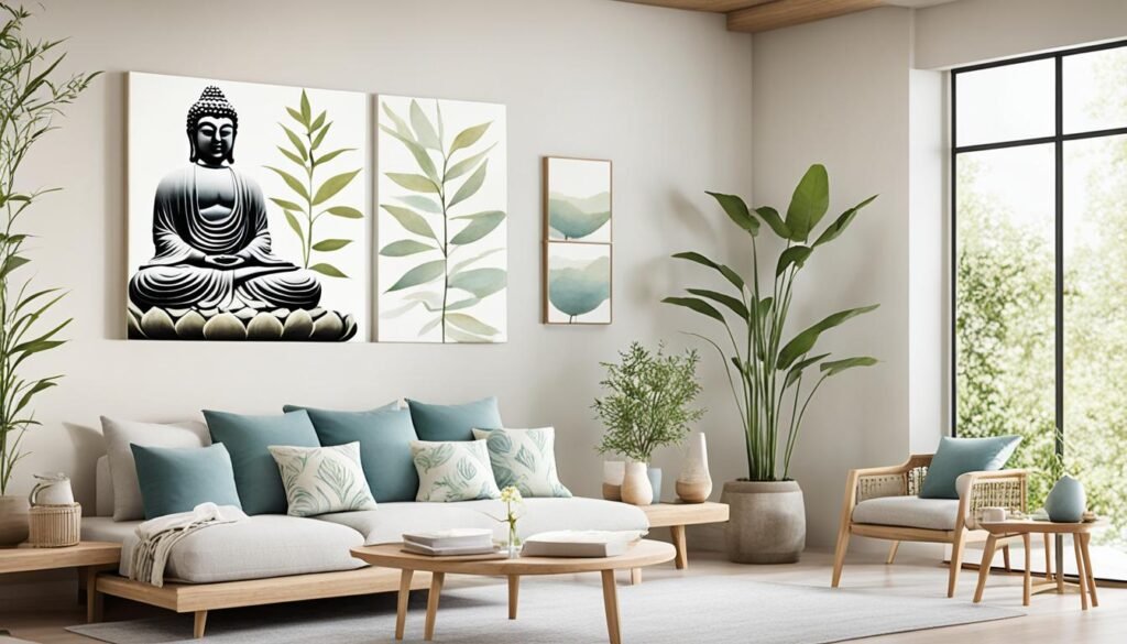 A spacious and airy living room bathed in natural light from a large window. The focal point is a triptych on the wall, with the central piece featuring a black and white Buddha figure, flanked by two panels of green leaf patterns. Below, a low wooden coffee table is surrounded by a beige sofa and two wooden armchairs with blue cushions, all atop a light rug. Assorted green plants in varying shades and sizes are strategically placed around the room, enhancing the calm and refreshing decor.