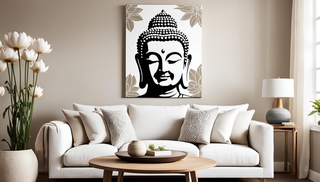 A bright and elegant living room decorated with a black and white Buddha painting centered on the wall above a cozy white sofa filled with various patterned cushions. To the left, a tall vase of white tulips adds a touch of nature's beauty, while to the right, a simple wooden side table supports a contemporary gray lamp. In front of the sofa, a round wooden coffee table holds a small green plant, completing this peaceful and harmonious living space.