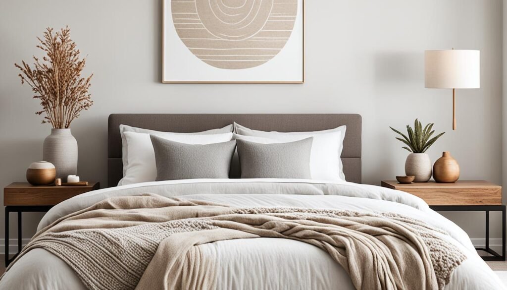 A cozy bedroom featuring a comfortable bed with a gray upholstered headboard, dressed in white bedding and a textured beige throw. Flanking the bed are two wooden side tables, each adorned with decorative vases—one holding a spray of dried foliage, the other paired with a small succulent. Above the bed hangs a simple abstract art piece with concentric circles. A warm, earth-toned color scheme and a wall-mounted lamp with a cream shade to the right add to the room's inviting and calm atmosphere.