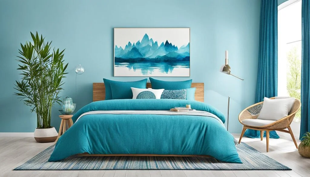 A tranquil bedroom with vibrant teal walls complemented by a matching bedspread. The bed is adorned with decorative pillows featuring various shades of blue and intricate patterns. Above the bed hangs a framed watercolor painting of misty blue mountains reflecting on a calm lake. To the left, a lush green potted plant stands beside a glass globe lamp atop a wooden stool. On the right, a stylish rattan armchair with a white cushion invites relaxation, illuminated by a sleek wall-mounted lamp. The room is tied together by a striped area rug and flowing teal curtains, creating a cohesive and soothing retreat.