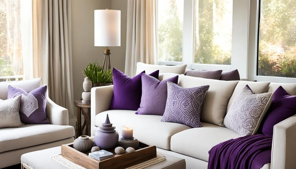 An inviting living room corner with an off-white sectional sofa, accented with an array of purple pillows in various shades and patterns. On the side table, a traditional lamp with a white shade casts a warm glow, next to a small potted plant that adds a touch of greenery. In the center, a coffee table holds a decorative tray with a purple ceramic decoration, candles, and a small stack of books. A rich purple throw blanket casually drapes over the sofa, and the large windows behind let in soft, natural light, illuminating the space with a view of trees outside.