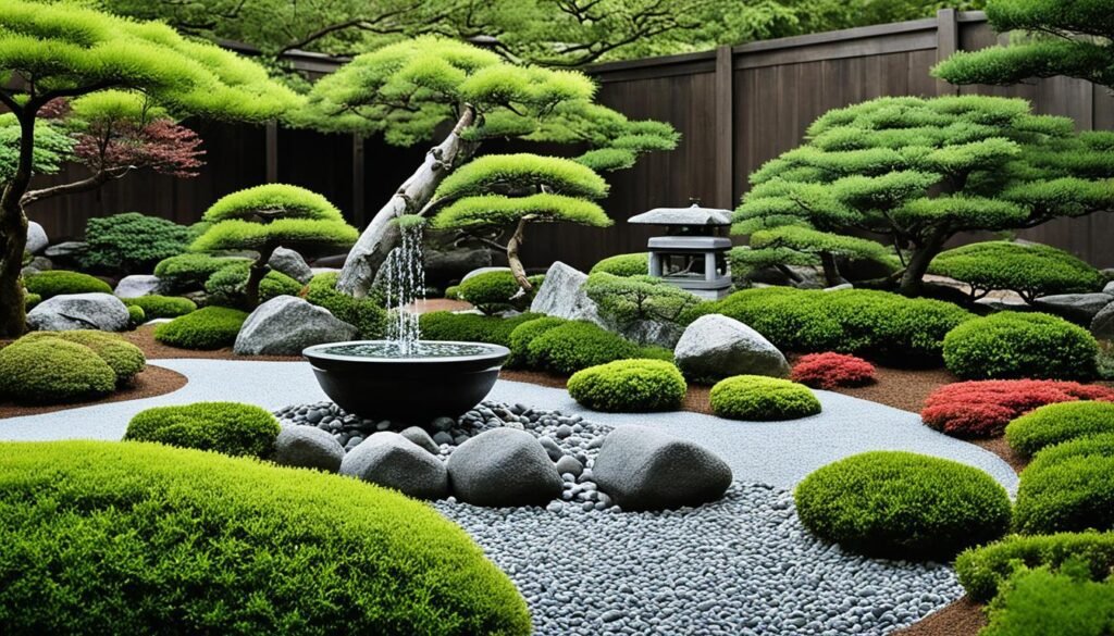 This image shows a serene Japanese garden. There's a variety of meticulously pruned green shrubs and trees of different sizes, suggesting a careful design that values harmony and balance. A small fountain in the center of a gravel area creates a peaceful water feature, while larger rocks are placed thoughtfully throughout. A traditional lantern structure adds to the cultural ambiance of the garden. The background is a simple wooden fence, which encloses the space and adds to the tranquil, isolated feel of the scene.
