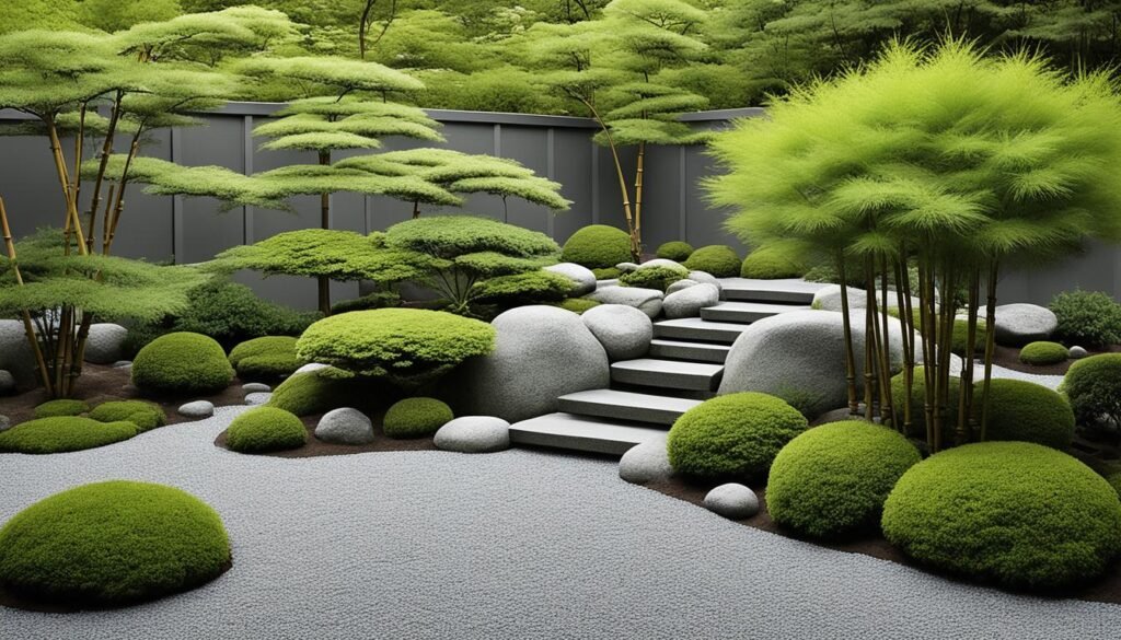 This is a beautifully composed image of a Japanese Zen garden. The garden is a study in textures and contrasts, with velvety moss-covered stones and manicured bushes arranged amid a sea of finely raked gravel. Elegant trees with delicate, feathery foliage provide a soft canopy overhead. Steps of clean, straight lines cut through the rounded forms of the stones and bushes, leading the eye through the tranquil space. The overall effect is one of calm and meticulous order, inviting quiet contemplation. The background features a simple, unobtrusive grey wall that keeps the focus on the intricacies of the garden design.