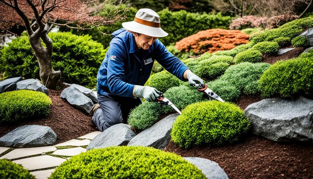  a gardener engaged in the careful maintenance of a Japanese garden, demonstrating the precision and dedication required. Wearing a wide-brimmed hat for sun protection and a blue uniform, the gardener uses shears to prune and shape the vibrant green shrubbery. The meticulously arranged landscape features a variety of plants with different textures and hues, from the deep greens of the neatly trimmed bushes to the reddish tones of the background foliage. Large, smoothly hewn rocks punctuate the mulched earth, creating a natural flow that guides the eye along the stepping stone path. The theme of "Maintaining a Japanese Garden" is evident in the gardener's attentive approach to preserving the aesthetic and health of the garden.