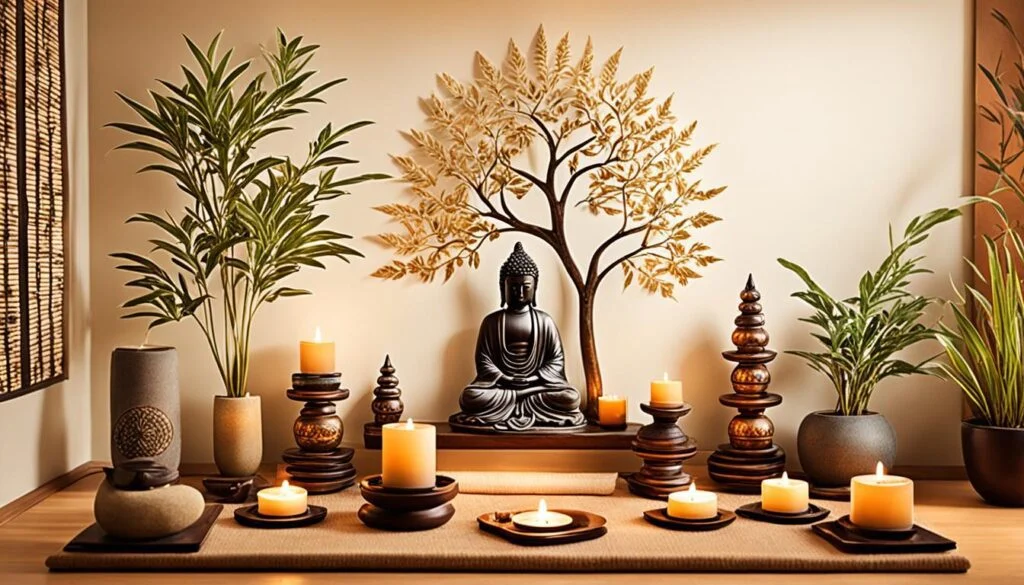 A Zen-inspired altar with a centered statue of a seated Buddha, flanked by an arrangement of candles, potted plants, and decorative stones. Two stylized trees, one golden and one dark, create a backdrop to the Buddha figure, enhancing the spiritual aesthetic. The soft glow of multiple lit candles provides a warm, inviting atmosphere, encouraging meditation and reflection. The earthy tones of the décor elements and the natural light filtering through a bamboo window shade complement the overall peaceful and harmonious setting.