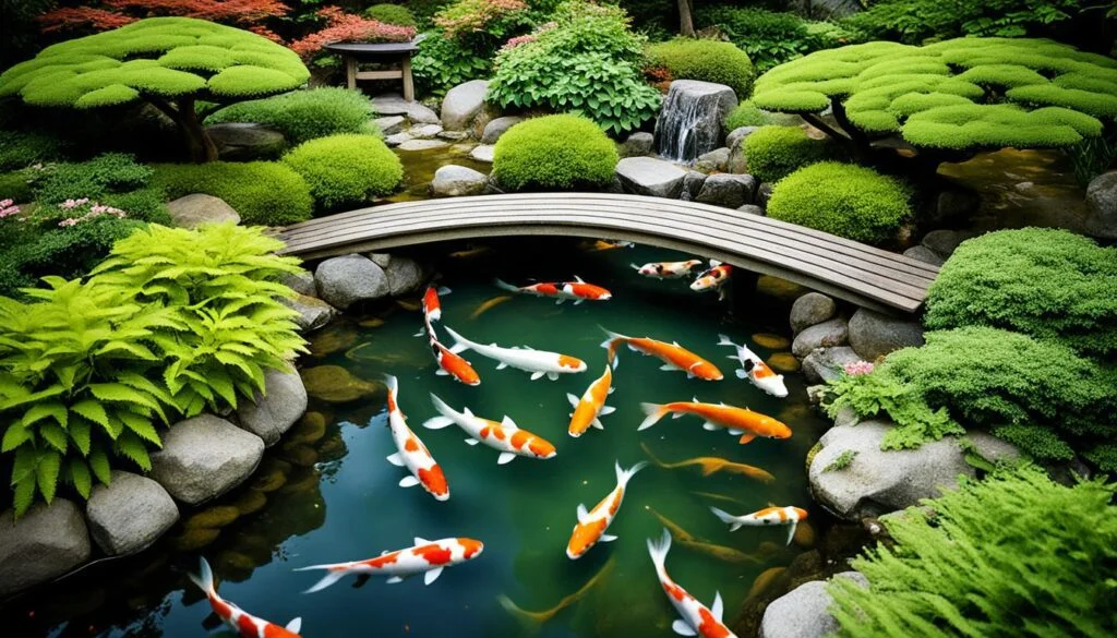 A tranquil corner of a Japanese garden, where the harmonious balance of water, plant life, and architecture is meticulously maintained. A gentle arc of a wooden bridge spans over a clear pond teeming with vibrant koi fish, their orange and white colors vivid against the dark water. The pond's surface reflects the lush greenery of moss-covered rocks and precisely shaped shrubs that enclose the space. Ferns add a delicate texture, complementing the softness of the tree canopies above. A small waterfall can be seen in the background, contributing to the serene atmosphere. This scene emphasizes the importance of maintaining a Japanese garden, not only in its visual elements but also in supporting the ecological balance and well-being of its living components.