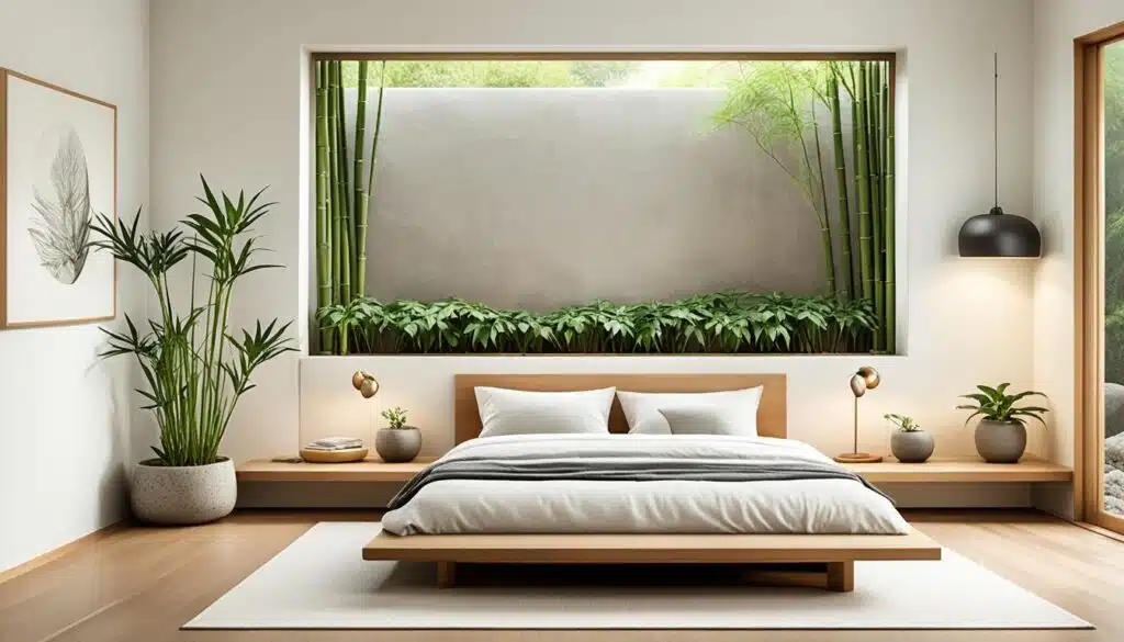 This image showcases a tranquil and airy bedroom with a modern minimalist aesthetic. The room features a low wooden platform bed centered in front of a large window, offering a view of a serene bamboo garden. The bedding is crisp and white with a grey blanket at the foot of the bed. On either side of the bed, there are built-in wooden shelves serving as nightstands, each holding a small potted plant and a stylish golden lamp. Additional greenery is placed around the room, including a tall potted plant next to a framed botanical print on the left wall. The overall palette is neutral with natural wood tones and green plants enhancing the calm and refreshing vibe of the space.