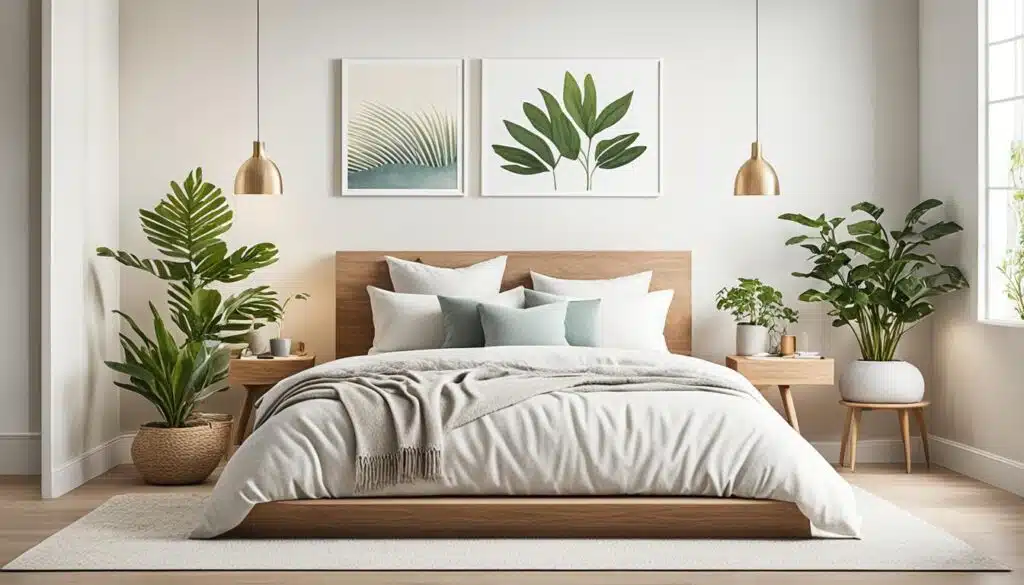 This image displays a beautifully arranged modern bedroom. The room features a large wooden bed with a headboard that matches the wooden bedside tables. The bed is dressed in light grey bedding and topped with a collection of pillows in white and soft blue tones. Above the bed, three framed pieces of botanical art enhance the room's nature-inspired theme. Hanging golden pendant lights add a touch of elegance and warmth on either side of the bed. The room is further decorated with large potted plants placed strategically to bring life and freshness into the space. A neutral color palette of white walls and a light-colored rug complements the wooden tones and greenery, creating a calm and inviting atmosphere.