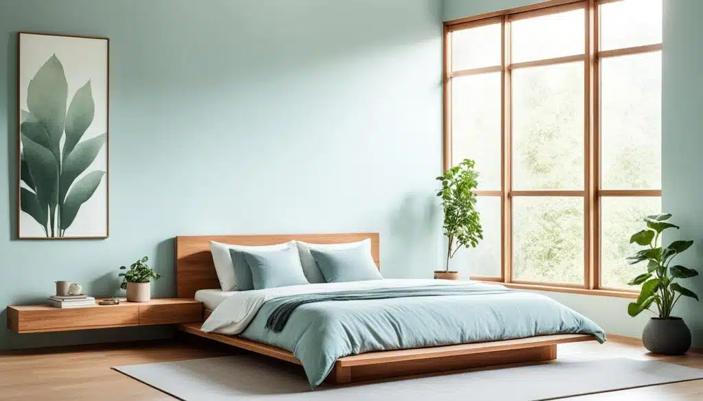 This image depicts a minimalist and tranquil bedroom with a soothing color palette. The walls are painted in a soft, pale blue, creating a calm atmosphere. The room features a low, sleek wooden bed with a continuous headboard extending into a bedside shelf on one side. Light blue bedding with a subtle gray throw complements the serene vibe. A large botanical print on the wall and several potted plants around the room introduce natural green elements, enhancing the peacefulness. A large window with wooden frames offers a view of lush greenery outside, filling the room with natural light. The overall design is clean and modern, focusing on simplicity and the beauty of nature.