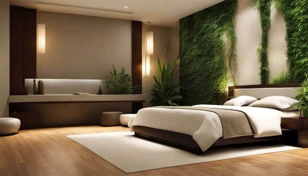 This image shows a modern and serene bedroom featuring a minimalist design. The room has a low-profile, dark wood bed with soft white bedding, flanked by two small plants. The back wall of the room is adorned with lush vertical gardens, giving the space a refreshing, natural feel. Ambient lighting is provided by rectangular wall lamps, creating a warm and inviting atmosphere. The floor is covered with light wooden panels, complemented by a large, off-white rug under the bed. This bedroom combines elements of nature and contemporary design to create a tranquil and stylish space.