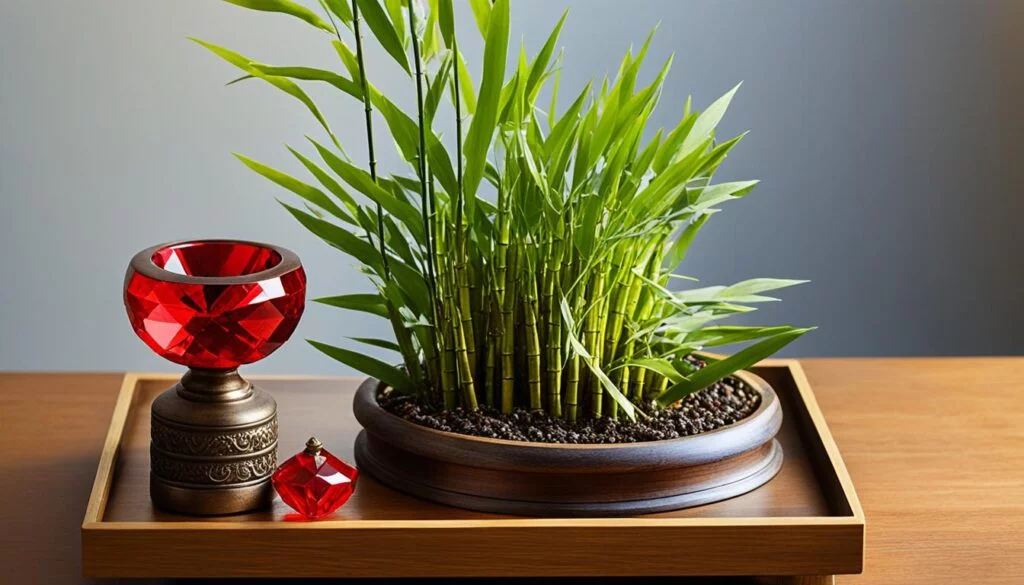 A vibrant green bamboo plant sits in a dark wooden bowl on a tray, the freshness of its leaves contrasting against a neutral grey background. Next to it, an ornate red crystal votive holder with intricate facets catches the light, accompanied by a matching smaller crystal piece. The ensemble is a study in the simplicity and elegance of contrasting colors and textures, contributing to a sense of calm and decorative beauty.