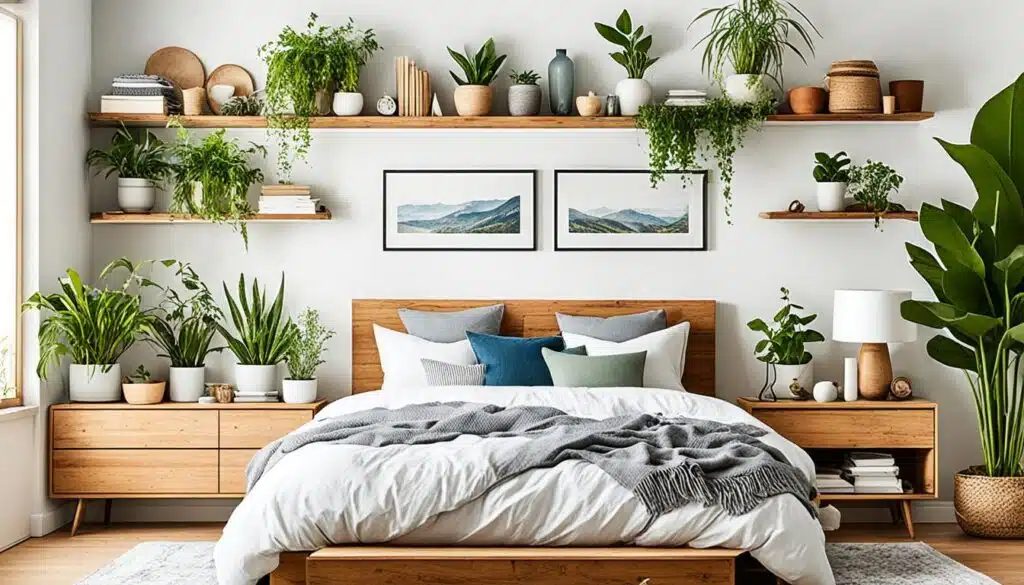 This image presents a vibrant and well-decorated bedroom abundant in natural elements and a cohesive wooden theme. The room features a wooden bed adorned with white and grey bedding and a variety of blue and grey pillows. Above the bed, two sets of wooden floating shelves are richly decorated with a mixture of potted plants, books, decorative bowls, and two framed landscape paintings, contributing to a lively and homey atmosphere. Additional greenery is placed around the room, including on bedside tables and a large potted plant in the corner, emphasizing a connection to nature. The decor is carefully curated to create a balance between modernity and organic aesthetics, resulting in a refreshing and inviting bedroom space.