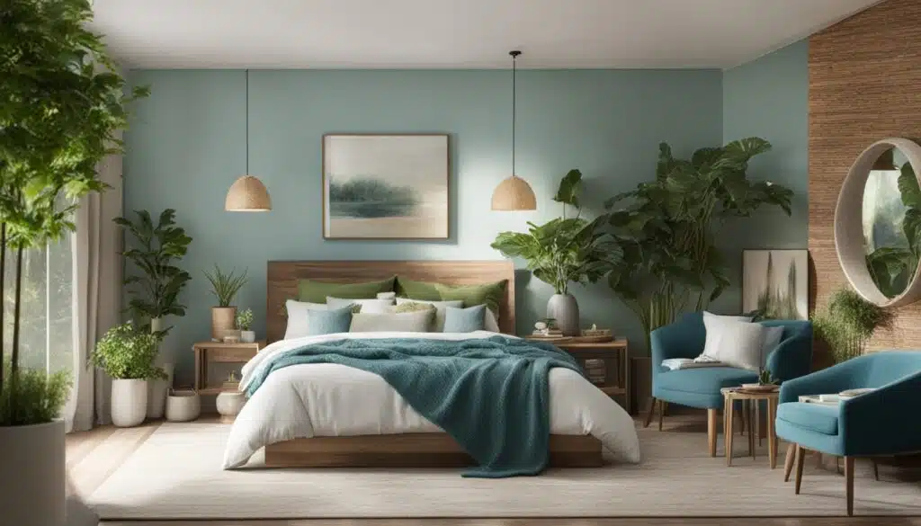 This image features a spacious bedroom with a refreshing, botanical theme. The walls are painted in a soothing teal color, complemented by wooden furniture, including a stylish bed with a wooden headboard and matching side tables. The bed is dressed in white bedding with a vibrant teal throw, echoing the wall color. Multiple potted plants of various sizes add a lush greenery effect, enhancing the room's natural, serene vibe. A seating area with two teal armchairs and a small table offers a comfortable reading nook. Above the bed hangs a calming seascape painting, and a large round mirror on the adjacent wall adds depth and light to the room. Woven pendant lights and a bamboo-textured wall section add texture and a touch of rustic charm to the overall modern decor.