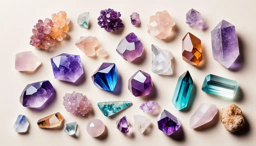 This image showcases a diverse collection of colorful and vibrant crystals and gemstones, arrayed elegantly on a light beige background. The stones vary in shape, size, and hue, featuring deep purples, aqua blues, soft pinks, and rich ambers. There are both rough clusters and smoothly polished crystals, each reflecting light with its unique facets and textures. The collection represents a beautiful spectrum of mineral beauty, appealing to both gem enthusiasts and collectors.