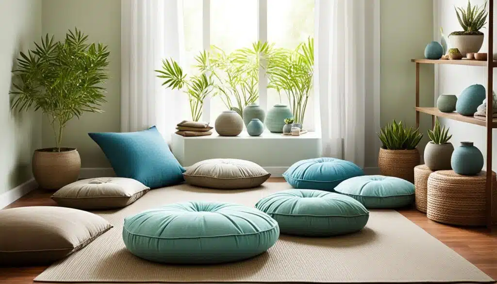 This image depicts a tranquil and stylish indoor relaxation area bathed in natural light. The room features large windows dressed with white curtains, through which sunlight illuminates an array of green potted plants of various sizes and types. The floor is covered with a large, neutral-toned mat, on which several round cushions in shades of teal and beige are casually arranged, inviting relaxation. A wooden shelving unit on the right side of the image displays more potted plants and ceramic vases in coordinating blue and green hues, enhancing the room's peaceful and natural aesthetic.