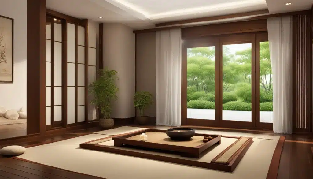 This image features a serene and spacious Japanese-style room. The room is characterized by its minimalist design, with tatami mat flooring and large, wooden-framed sliding doors and windows that reveal a lush green garden outside. The interior includes a low wooden table at the center, flanked by cushions for seating. The room is softly lit, creating a tranquil atmosphere, and is decorated with simple yet elegant touches such as potted plants and a small bowl on the table. White curtains frame the windows, enhancing the peaceful and natural aesthetic of the space.