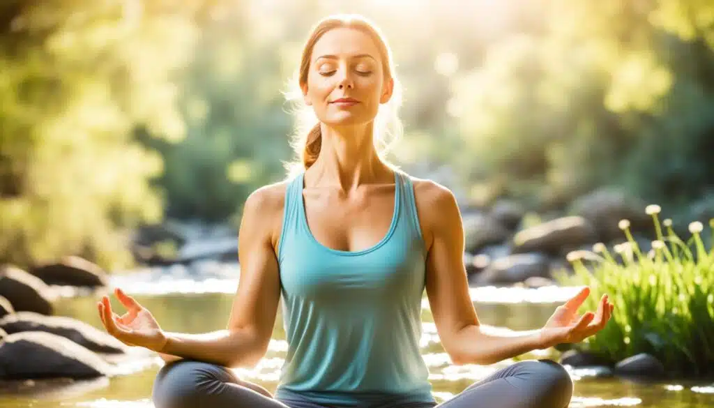 This image captures a woman meditating peacefully in a serene outdoor setting. She is sitting cross-legged on a rock by a gentle stream, surrounded by lush greenery and dappled sunlight filtering through the trees. She wears a light blue tank top and grey yoga pants, with her eyes closed and hands resting on her knees in a classic meditation pose. The environment exudes tranquility, enhancing the calming effect of her meditation practice.