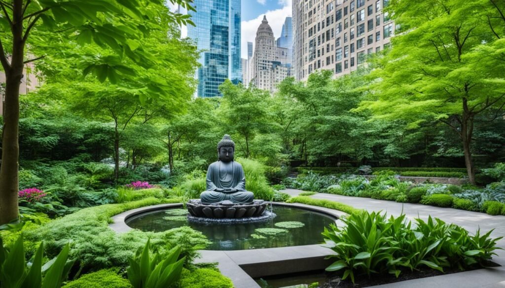 A serene buddha garden landscape in an urban setting, featuring a tranquil Buddha statue seated at the center of a small circular pond. Surrounded by lush, vibrant greenery, the garden integrates various shades of green plants, blooming pink flowers, and overarching trees that soften the backdrop of towering skyscrapers. This setting exemplifies a harmonious blend of nature with the built environment, providing a peaceful retreat in the heart of the city.