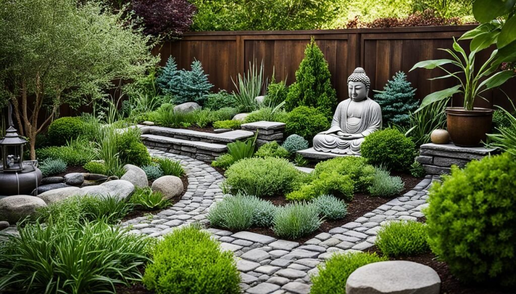 A serene urban Buddha garden featuring a large stone Buddha statue sitting in meditation surrounded by lush greenery, varied plants, and cobblestone pathways. The garden is bordered by a dark wooden fence, emphasizing the tranquility and seclusion ideal for reflection and relaxation within a city environment.