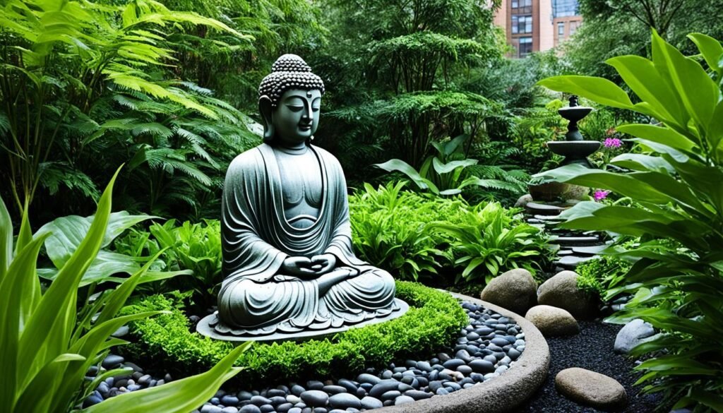 An urban Buddha garden beautifully designed with a focus on serenity and lush greenery. It features a large, meticulously crafted Buddha statue sitting in meditation surrounded by a dense array of ferns, hostas, and other shade-loving plants. A gravel path encircles the statue, complemented by smooth river stones and vibrant green ground cover, creating a tranquil city sanctuary for meditation and relaxation.