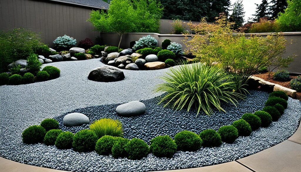 An elegant urban Buddha garden featuring a minimalist design with a gravel bed, large and small rocks strategically placed, and clusters of spherical shrubs and vibrant plants. This garden creates a calm, Zen-like atmosphere suitable for meditation and reflection, highlighted by its clean lines and well-defined plant arrangements against a neutral backdrop.