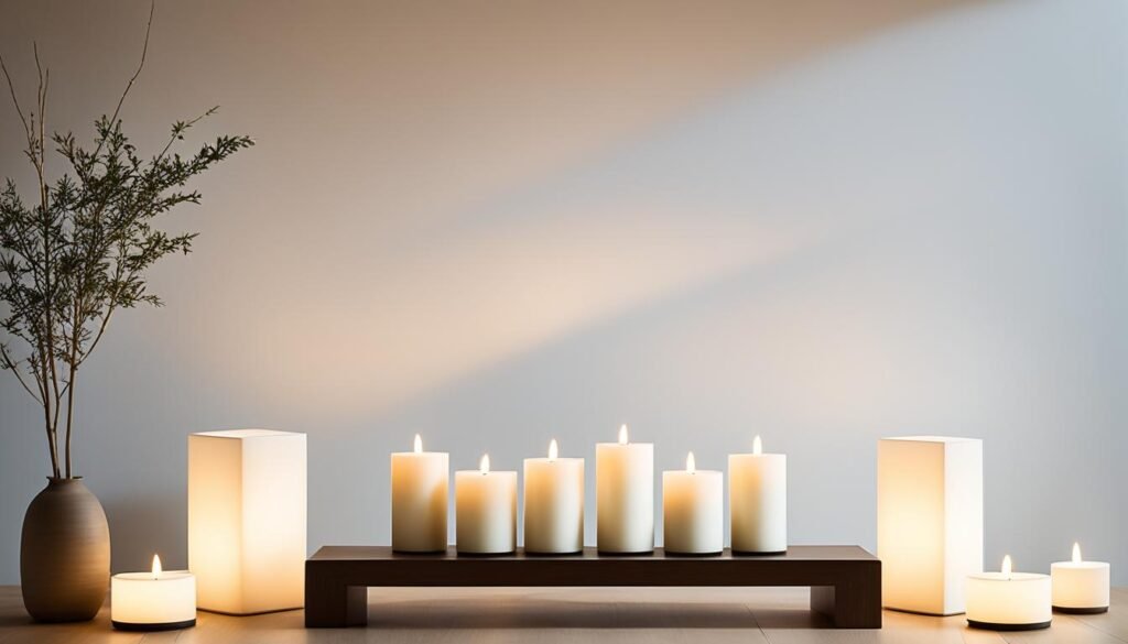 A tranquil arrangement of candles on a wooden platform, creating a serene ambiance. The setup features various sizes of white candles, some in cylindrical shapes and others in square lantern-style holders, all lit and casting a warm, soft glow. To the left, a minimalist vase with delicate branches adds a natural touch. The background is a simple, neutral wall, enhancing the peaceful and calming atmosphere. 