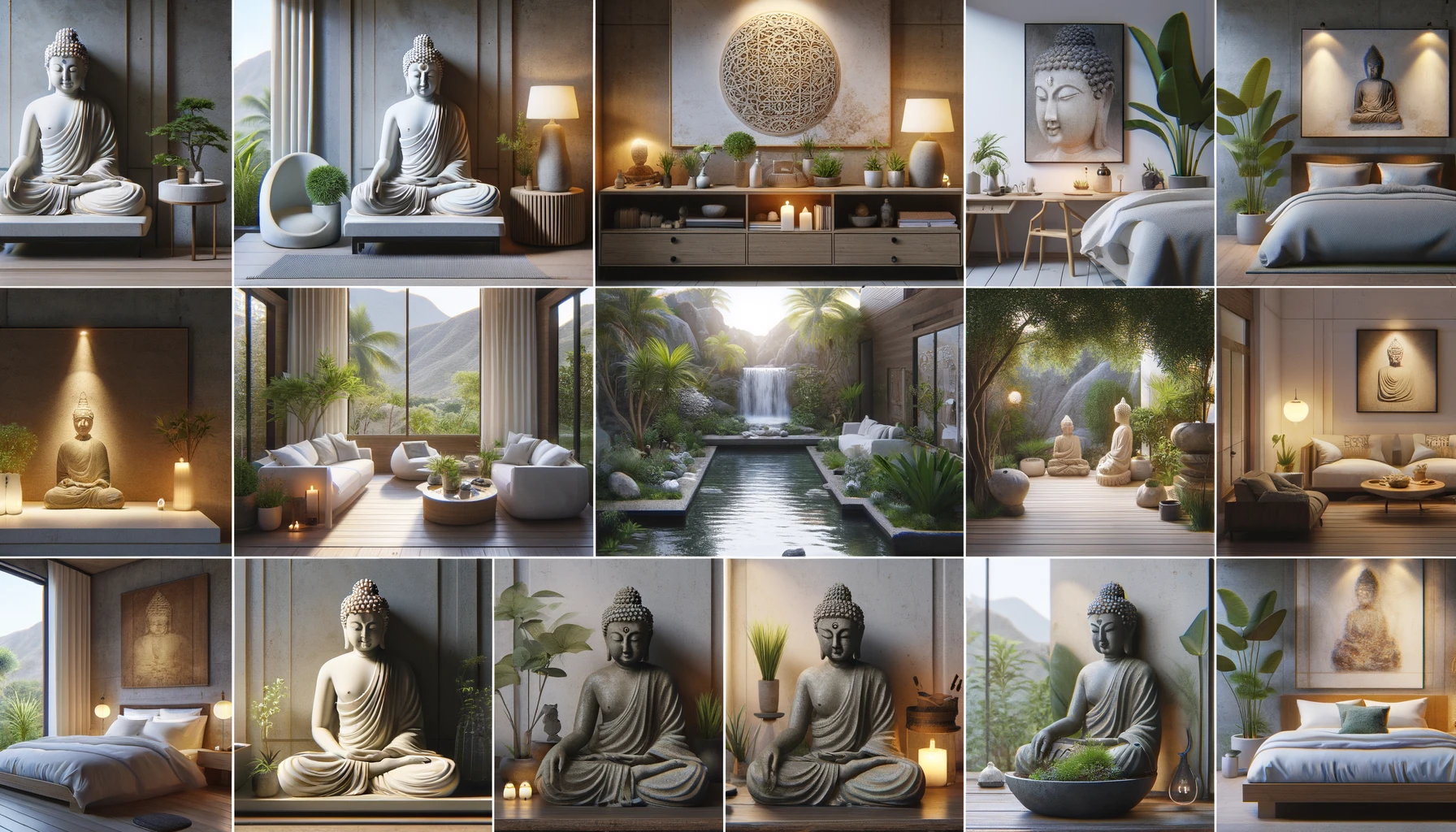 A landscape image as a collage showcasing unique Buddha statue decor ideas for every nook of a home. This comprehensive visual represents serene and harmonious settings across various rooms, emphasizing tranquility, aesthetic appeal, and the thoughtful integration of natural elements.